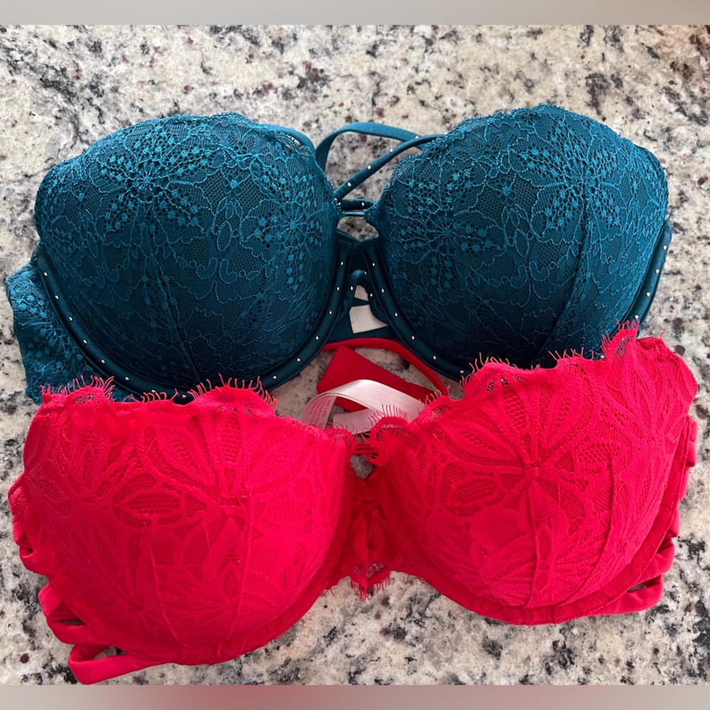 PINK Lace Bra Set - Red and Teal
